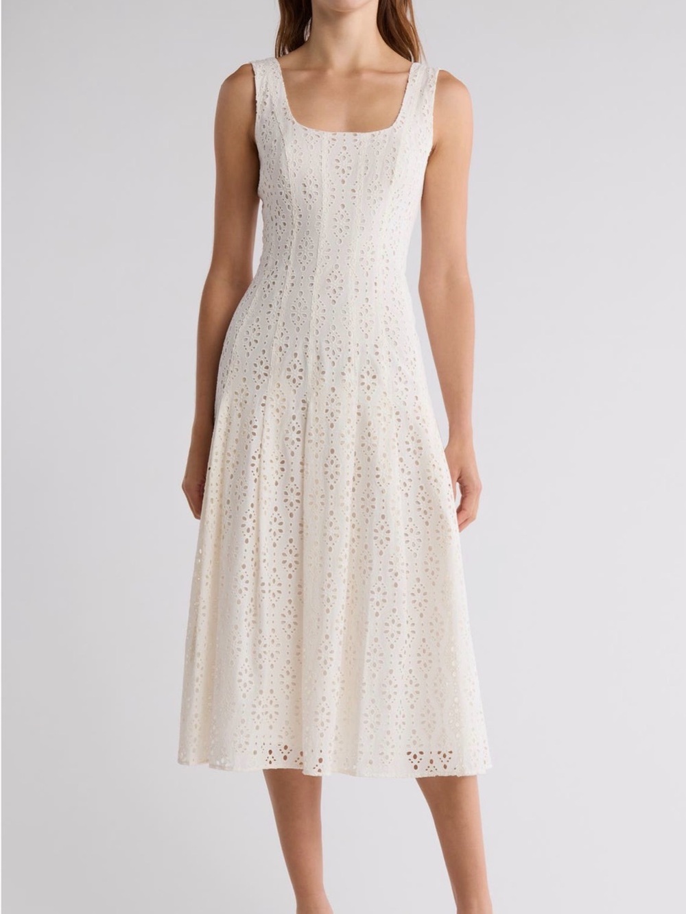 Veronica Beard Cream Eyelet Square-Neck Midi Dress